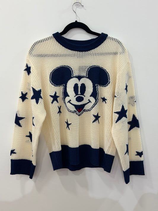 Disney Mickey Mouse Americana Tonal Blue Open Knit Sweater Medium